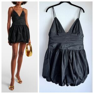 NWT STAUD Loren Taffeta Ruched Bubble Hem Double Strap Mini Dress in Black Sz 12